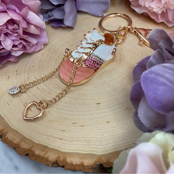 Pink and White Baby Tennis Shoe Crystal Keychain Charm - Picture 5 of 10